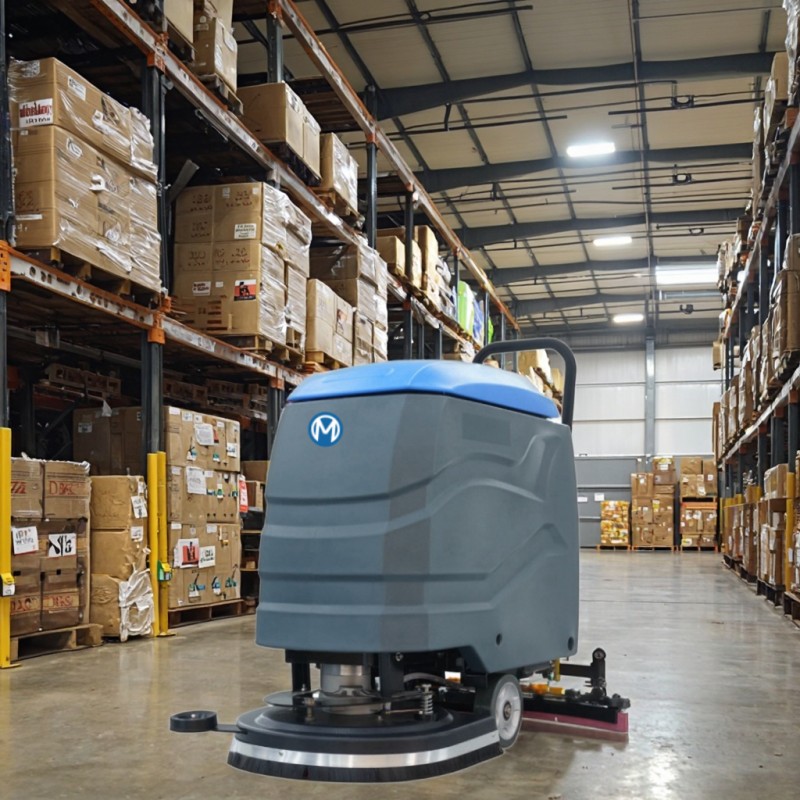 Walk-Behind Scrubber Cleaning Warehouse Floor